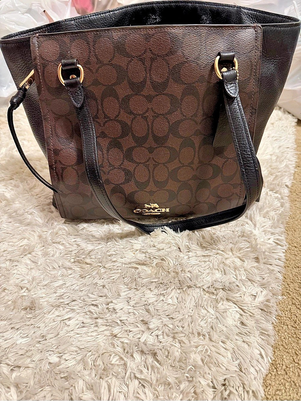 Coach Signature Mixed Leather Swagger Tote 34595 Brown & Black